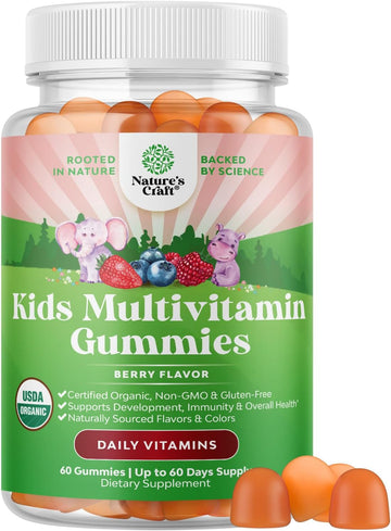 Usda Organic Kids Multivitamin Gummies - Vegan Organic Multivitamin For Kids 2+ With 14 Essential Vitamins And Minerals - Daily Kids Gummy Multivitamins - Vegan Nut Free & Non-Gmo (60 Count)