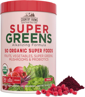 COUNTRY FARMS Super Greens Berry Flavor, 50 Organic Super Foods, USDA Organic Drink Mix, Fruits, Vegetables, Super Greens, Mushrooms & Probiotics, Supports Energy, 20 Servings, 10.6 Oz