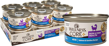 Wellness Core+ Skin & Coat Recipe, Natural Grain Free Canned Wet Cat Food, Salmon & Sardine Pate, 2.8 Ounces (Pack Of 12)