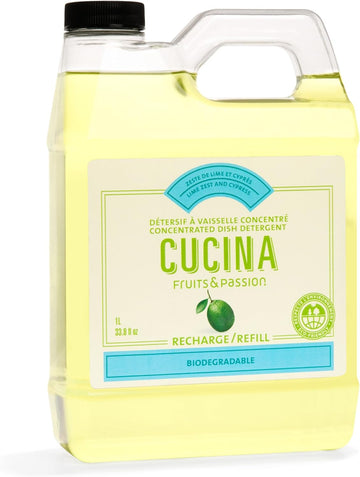 Fruits & Passion [Cucina - Lime Zest & Cypress Tree Dish Soap Refill, All Natural Dish Detergent Liquid Refill, Vegan & Cruelty-Free, Clear Dish Soap Liquid Refill (33.8 fl oz)