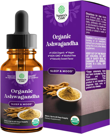 USDA Organic Ashwagandha Liquid Drops - Vegan Liquid Ashwagandha Root Extract for Energy Stress and Mood Support - Tasty Adaptogenic Pure Ashwagandha Tincture for Adults & Kids Non-GMO & Alcohol Free