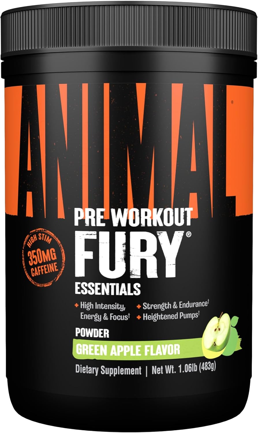 Animal Fury Pre Workout Powder - Energy And Focus Supplement With 5G Bcaa, 350Mg Caffeine Nitric Oxide Booster With Beta-Alanine, Preworkout For Men And Women, Green Apple Flavor, 30 Servings