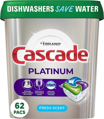 Cascade Platinum Dishwasher Pods, Detergent, Soap Pods, Actionpacs With Dishwasher Cleaner And Deodorizer Action, Fresh, 62 Count