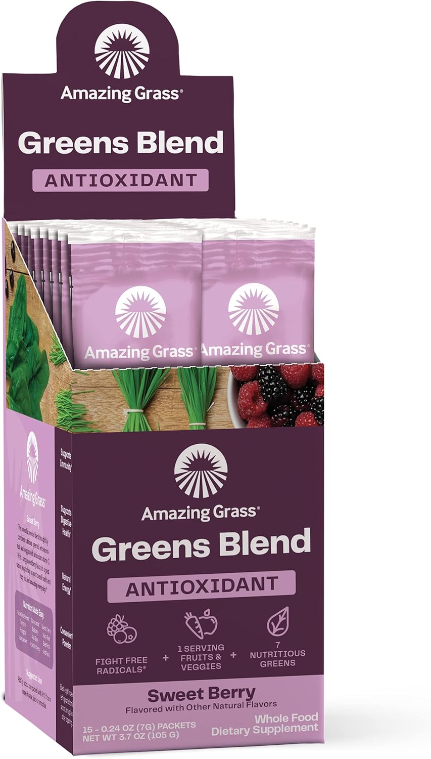 Amazing Grass Greens Superfood Antioxidant: Greens Powder With Organic Spirulina, Beet Root Powder, Elderberry & Probiotics, Sweet Berry, 15 Servings (Packaging May Vary)