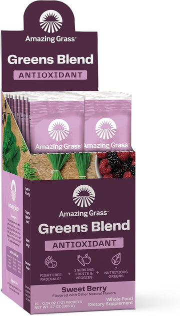 Amazing Grass Greens Superfood Antioxidant: Greens Powder With Organic Spirulina, Beet Root Powder, Elderberry & Probiotics, Sweet Berry, 15 Servings (Packaging May Vary)