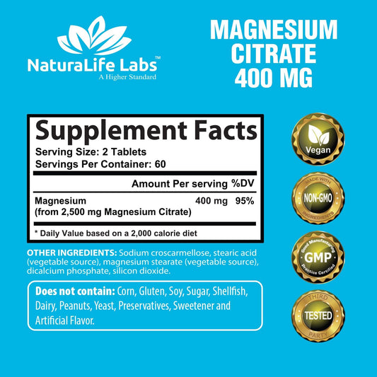 Magnesium Citrate 400 mg - High Potency Elemental Magnesium Essential Mineral for Heart, Muscle, & Digestion Support ? Non-GMO - 120 Tablets