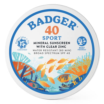 Badger Coral Reef Safe Sunscreen Tin, Spf 40 Zinc Oxide Sunscreen, Broad Spectrum, Water Resistant, Travel Size Sunscreen, Sun Skin Care, Unscented, 2.4 Oz