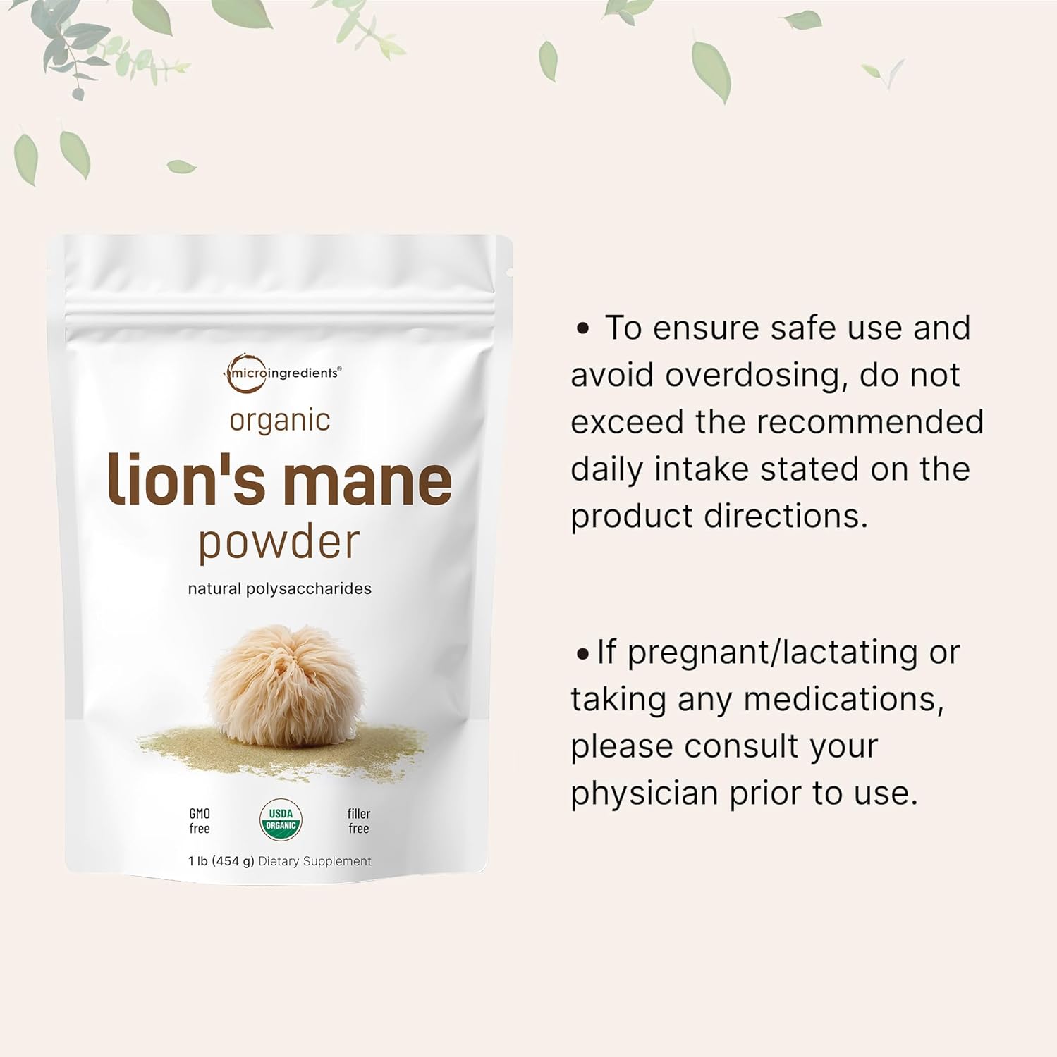 Micro Ingredients Organic Lions Mane Mushroom Supplement Powder, 16 Ounce | Natural Superfood for Brain, Energy, & Immune Health | Non-GMO Vegan : Health & Household