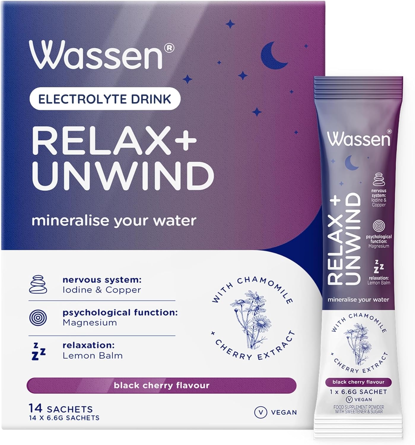 Wassen Relax & Unwind Magnesium Sachets - 14 Sachets | Lemon Balm Supplement To Help Relaxation | Vitamin Powder For Water | Magnesium Powder Helps Psychological Function | Magnesium Powder Supplement
