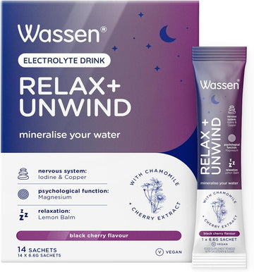 Wassen Relax & Unwind Magnesium Sachets - 14 Sachets | Lemon Balm Supplement To Help Relaxation | Vitamin Powder For Water | Magnesium Powder Helps Psychological Function | Magnesium Powder Supplement