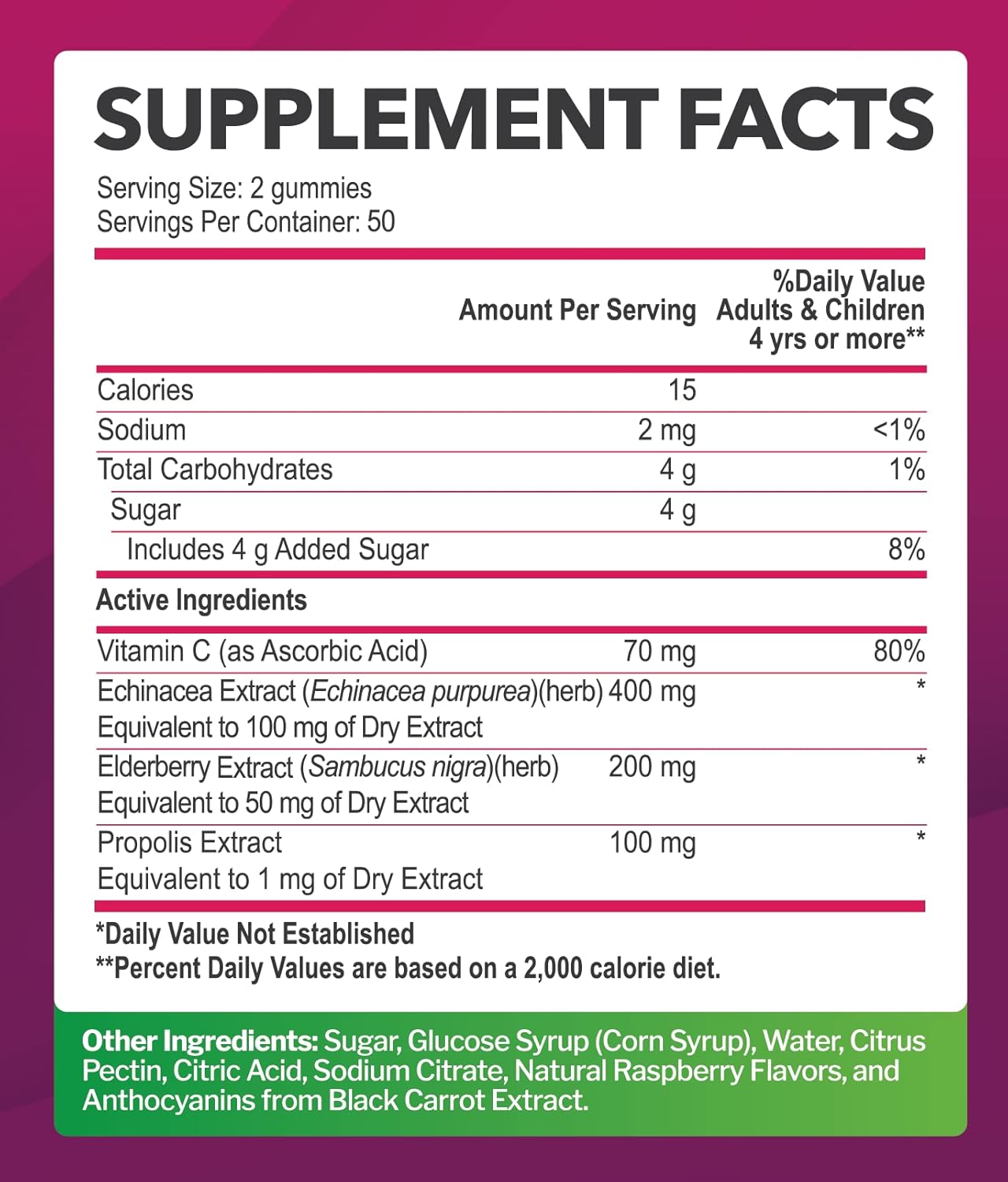 Elderberry Sambucus Gummies with Vitamin C, Echinacea, Propolis (100 count) - Immune Support for Adults & Kids - Extra Strength, Great Tasting Raspberry Flavor - Gluten-Free, Vegan - 100 Gummies : Health & Household