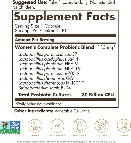 Solgar Women'S Complete Probiotic, 30 Vegan Capsules - 30 Billion Cfu - 8 Clinically-Studied Strains - Advanced Digestive, Stress, Bone & Vaginal Support - Non-Gmo & Vegan, 30 Servings