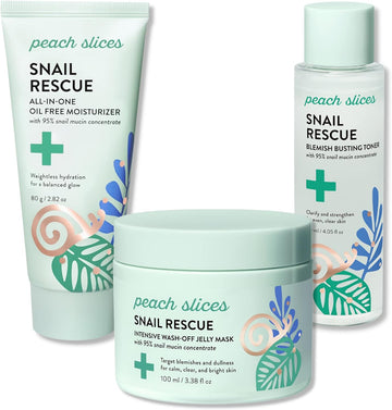 Peach Slices Snail Rescue Bundle | Blemish Busting Toner, Oil-Free Moisturizer & Wash-Off Mask | 95% Snail Mucin Concentrate | All Skin Types