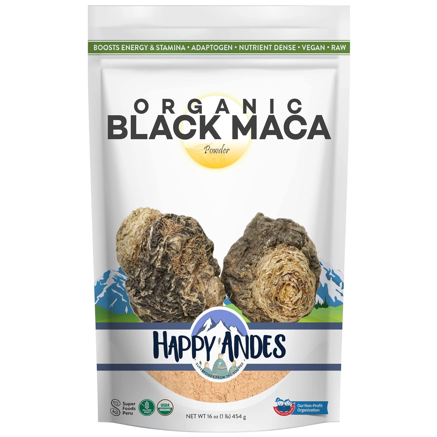 Happy Andes Organic Black Pure & Raw Maca Root Powder Non-GMO, USDA for Energy & Fitness, Performance & Mood for Men & Women, Gluten Free, Peruvian Superfood, Blue, 16 oz