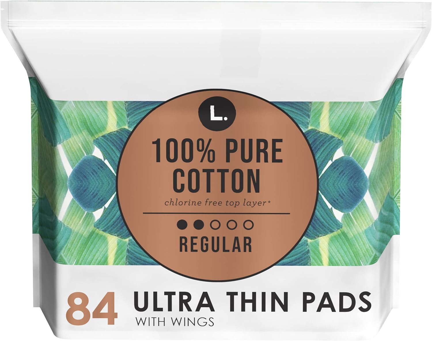 L. Pure Cotton Topsheet Pads for Women, Regular Absorbency, Ultra Thin Pads with Wings, Unscented menstrual pads, 84 Count