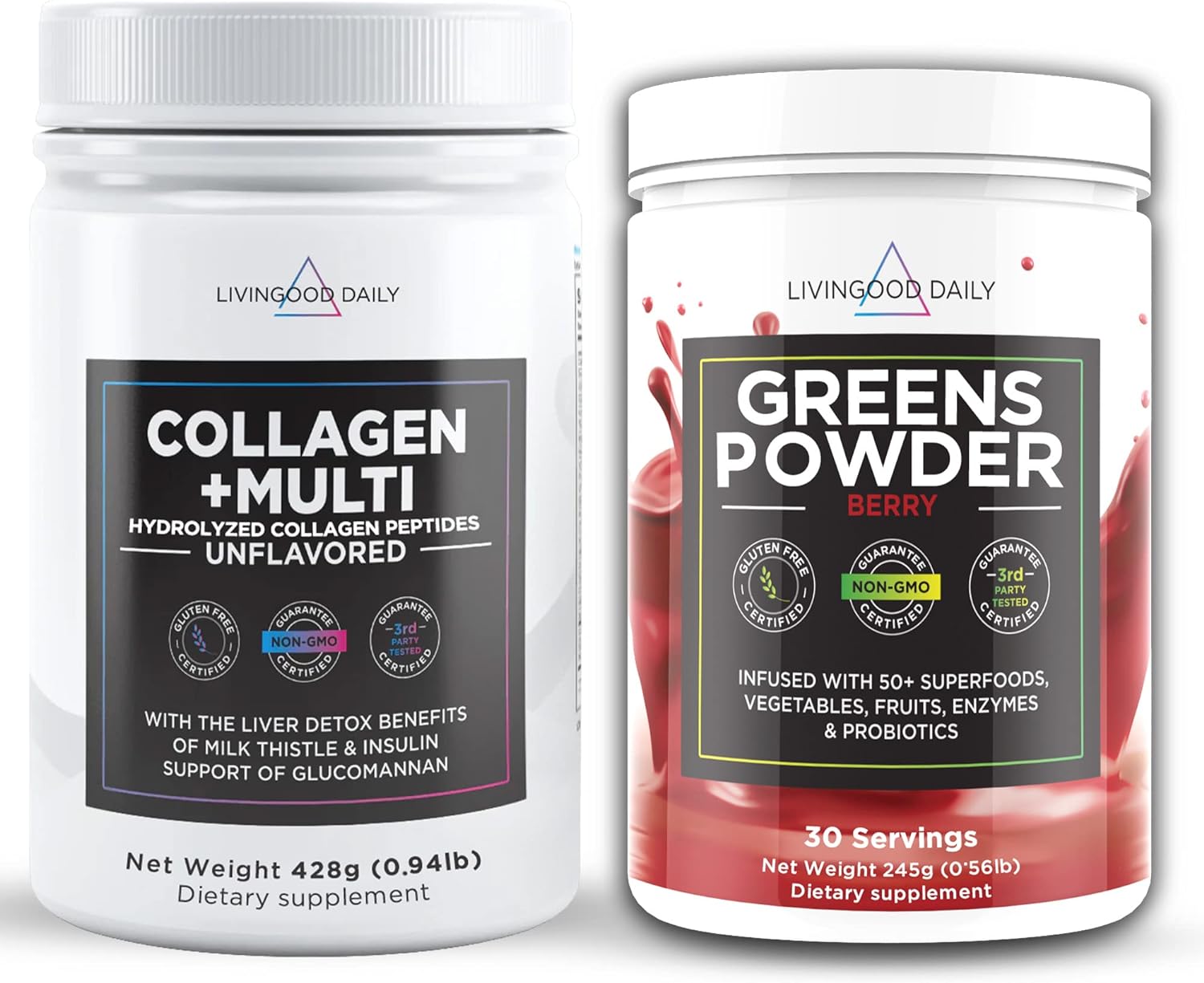 Livingood Daily Unflavored Collagen & Greens Bundle - Combination Of Collagen Powder (Unflavored) And Greens (Berry) With Multivitamins