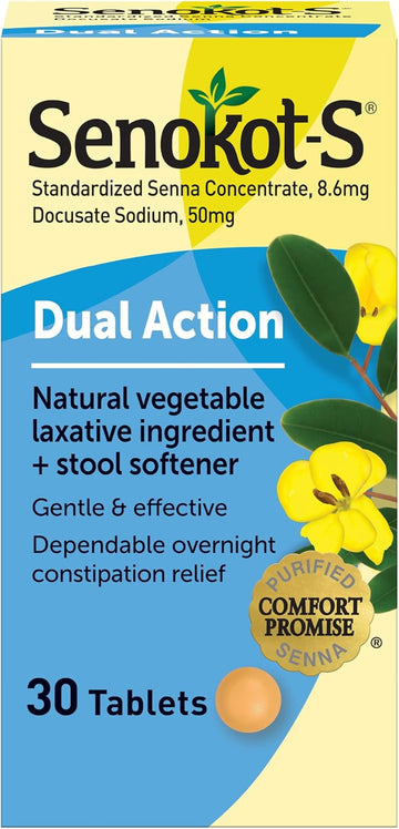 Senokot S Dual Action Natural Vegetable Laxative Ingredient Plus Stool Softener Tablets, Gentle Dependable Overnight Relief Of Occasional Constipation, 30 Count