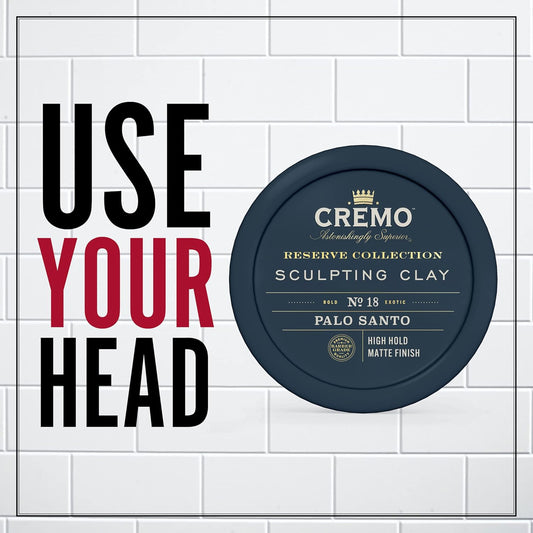 Cremo Premium Barber Grade Hair Styling Palo Santo (Reserve Collection) Sculpting Clay, High Hold, Matte Finsh, 4 Oz