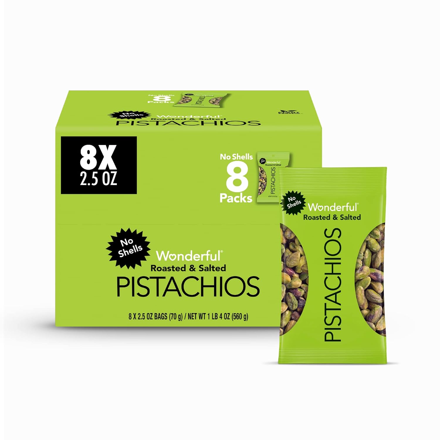 Wonderful Pistachios No Shells, Roasted And Salted Nuts, 2.5 Ounce Bag (Pack Of 8), Protein Snack, On-The-Go, Individually Wrapped Healthy Snack