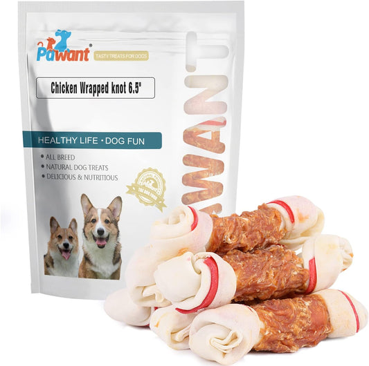 Chicken Rawhide Bones for Large Dog Treats Puppy Chews Snacks Promotes Healthy Chewing Chicken Wrapped Knot 6.5" 0.5lb