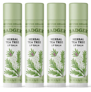 Badger - Herbal Lip Balm, Tea Tree & Lemon, Certified Organic Lip Balm, Fair Trade, Herbal Lip Care, 0.15 Oz (4 Pack)