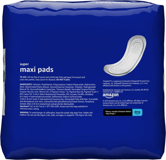 Amazon Basics Maxi Pads For Women- Thick, Super Absorbency, Unscented, 96 Count, (2 Packs Of 48) (Previously Solimo)