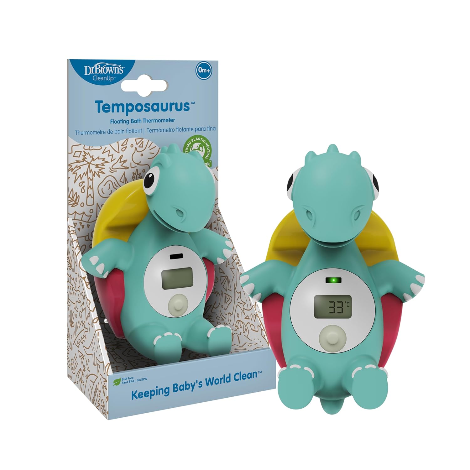 Dr. Brown's CleanUp Temposaurus Floating Bath Thermometer for Accurately Measuring Baby’s Bath Water Temperature, BPA Free