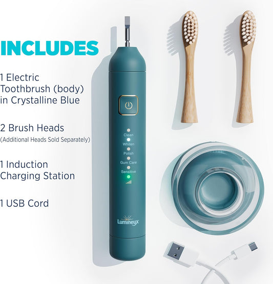 Lumineux Sonic Electric Toothbrush for Adults - Bamboo Heads -Deep Ocean (Blue)- Includes 2 Super Soft Bristle Bamboo Tooth Brush Heads, Charging Station & USB Charge Cord - Rechargeable