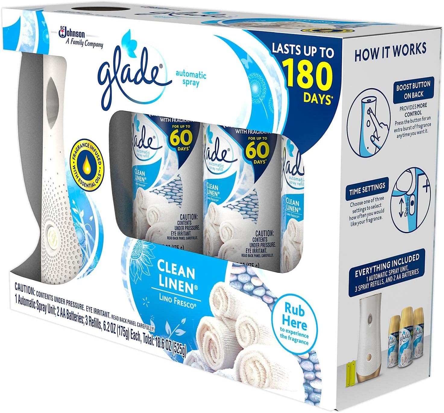 Glade Automatic Spray Air Freshener 1 Holder + 3 Refills - Clean Linen : Health & Household