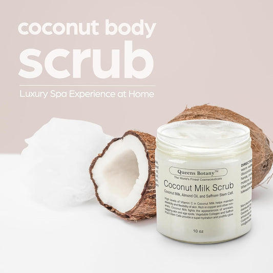 Coconut Milk Body Scrub - Moisturizing Almond Oil, Saffron Stem Cell & Nourishing Body Oils -Exfoliating Salt Scrub For Body - Win Against Aging, Acne, Eczema, Psoriasis & Dead Skin Scars- 10 Oz