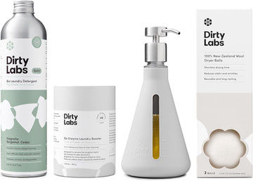 Dirty Labs | Sustainable Starter Set | Signature Detergent, Laundry Booster, Refill Pump, & Dryer Balls | Hyper-Concentrated | High Efficiency & Standard Machine Washing | Nontoxic, Biodegradable
