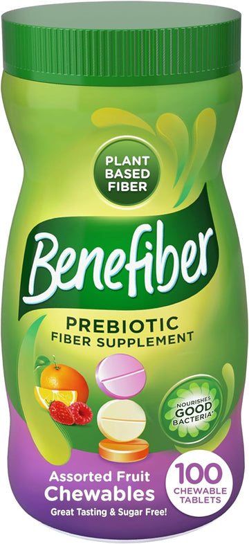 Benefiber Chewable Prebiotic Fiber Supplement Tablets for Digestive Health, Assorted Fruit Flavors - 100 Count