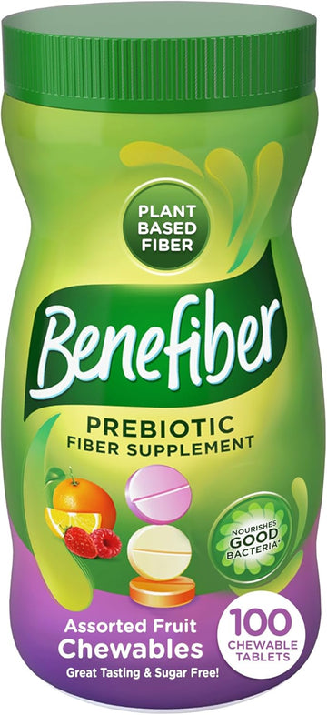 Benefiber Chewable Prebiotic Fiber Supplement Tablets For Digestive Health, Assorted Fruit Flavors - 100 Count