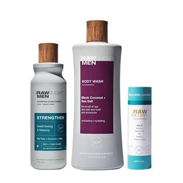 Raw Sugar Men'S Hair & Bath Ritual Bundle - 2-In-1 Shampoo And Conditioner, Moisturizing Body Wash, & Deodorant, Cold-Pressed Extracts, Formulated Without Sulfates + Parabens, Vegan & Cruelty-Free