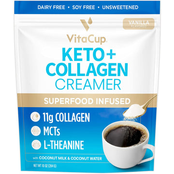 Vitacup Keto + Collagen Coffee Creamer Vanilla Flavor With Mct, Collagen Protein, Coconut Water, L-Theanine For Keto Diet, Use In Coffee, Smoothies, & Shakes, Dairy-Free, Gluten-Free, Soy-Free, 10Oz