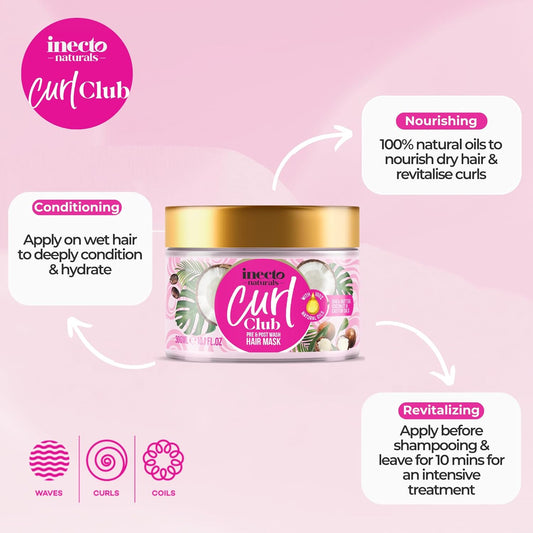 Inecto Curl Club, Curl Intense Hydrating Mask 300Ml, For All Curly Hair Types, Vegan & Cruelty Free, Curl Control Mask For Curly Or Wavy Hair, 100% Natural