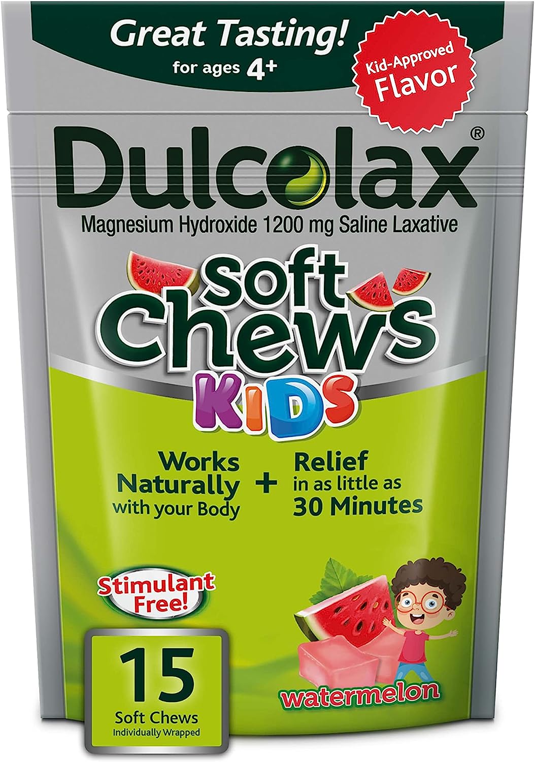 Dulcolax Kids Soft Chews Saline Laxative Watermelon Gentle Constipation Relief, Magnesium Hydroxide 1200mg, 15 Count