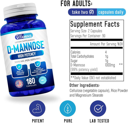 We Like Vitamins D-Mannose Capsules 1000Mg Per Serving - 180 Easy To Swallow Veggie Capsules - Cranberry D Mannose Supplement Helps Support Bladder And Urinary Tract Health