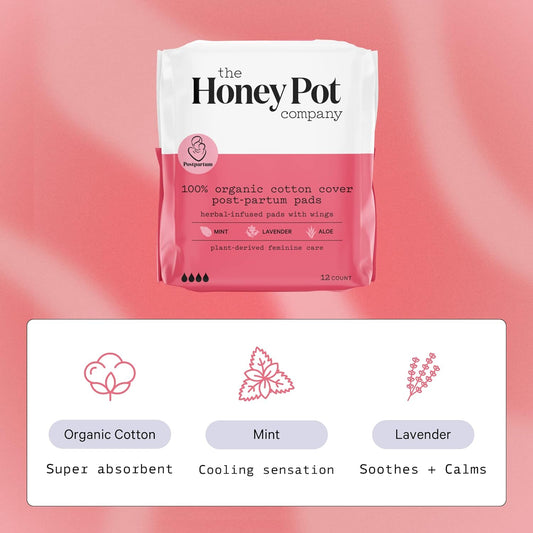 The Honey Pot Company - Herbal Postpartum Pads w/Wings - Full Coverage -Infused w/Essential Oils for Cooling Effect, Organic Cotton Cover, & Ultra-Absorbent - Postpartum Essentials - 12ct