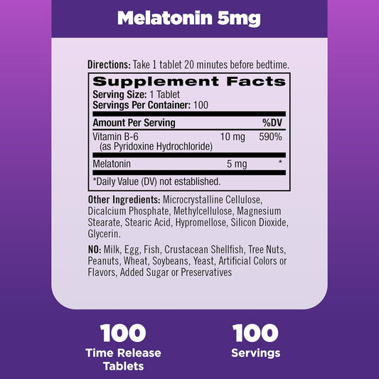 Natrol Melatonin 5 Mg With Vitamin B-6 10 Mg Time Release Sleep Aid Tablets, 100 Servings, Fall Asleep Faster & Stay Asleep Longer, Controlled Release, Drug Free Dietary Supplement, (Pack Of 2)