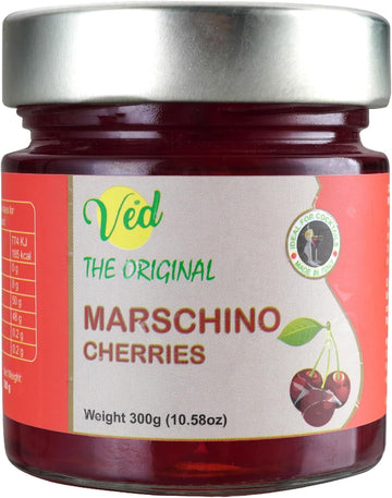 Ved Gourmet Original Red Maraschino Cherries - Italian Cherry For Old-Fashioned Cocktails - Vegan Cocktail, Bourbon Cherries In Natural Syrup For Cocktail Garnish - 300G Jar