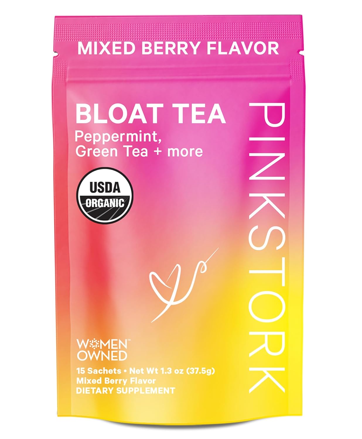 Pink Stork Bloat Tea: Organic Bloating Support for Women - Green Tea, Dandelion Root, and Turmeric - Natural Metabolism Support, Ease Digestion and Gas, Hot or Iced Tea - 15 Sachets, Berry