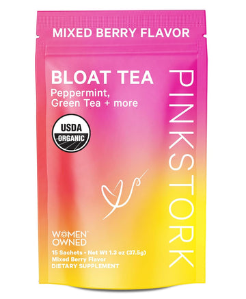 Pink Stork Bloat Tea: Organic Bloating Support for Women - Green Tea, Dandelion Root, and Turmeric - Natural Metabolism Support, Ease Digestion and Gas, Hot or Iced Tea - 15 Sachets, Berry