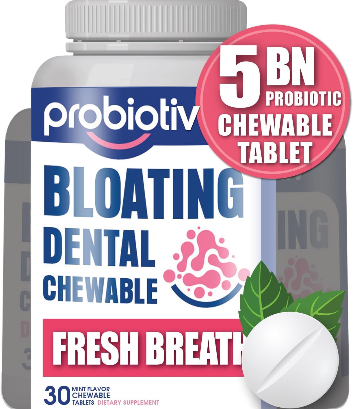 Probiotiv Chewable Probiotics for Daily Bloating w/ 5 Billion CFU ? ?Two-in-One Combo? Digestive Enzymes for Bloating/Gas Discomfort & Dental Probiotics for Teeth & Gums Health - 30 Mint Tablets