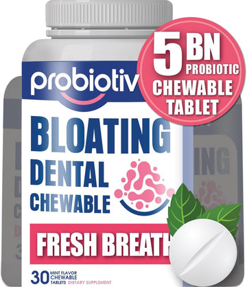 Probiotiv Chewable Probiotics for Daily Bloating w/ 5 Billion CFU ? ?Two-in-One Combo? Digestive Enzymes for Bloating/Gas Discomfort & Dental Probiotics for Teeth & Gums Health - 30 Mint Tablets