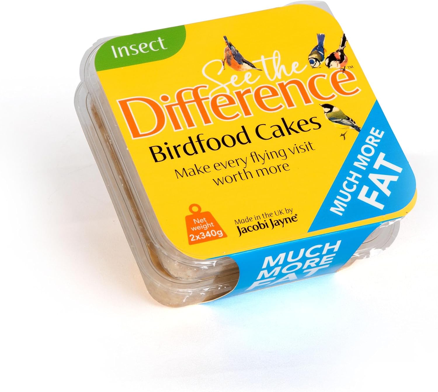 Suet Blocks For Wild Birds - Jacobi Jayne® See the Difference™ Wild Bird Food - Pack of 2 x 340g - Bird Food Suet Blocks with Insects - 100% British & Irish Beef Suet