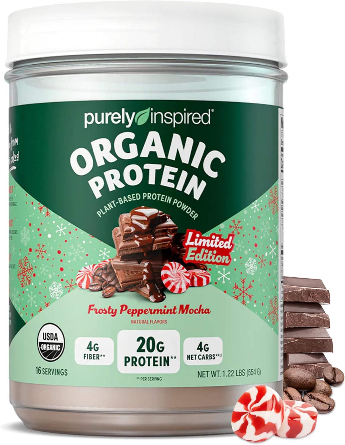 Purely Inspired Plant-Based Protein Powder For Men & Women, Frosty Peppermint Mocha (16 Servings) - Vegan & Organic - 20G Of Pea Protein Powder For Smoothies & Shakes - Dairy-Free, & Gluten-Free