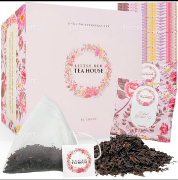 Little Red Tea House English Breakfast Tea For Health & Wellness | Black Tea Bags | Pyramid Tea Infusers Presentation Box Tea Gift Set | For Tea Lovers Tea Party Favors – 30 Sachets
