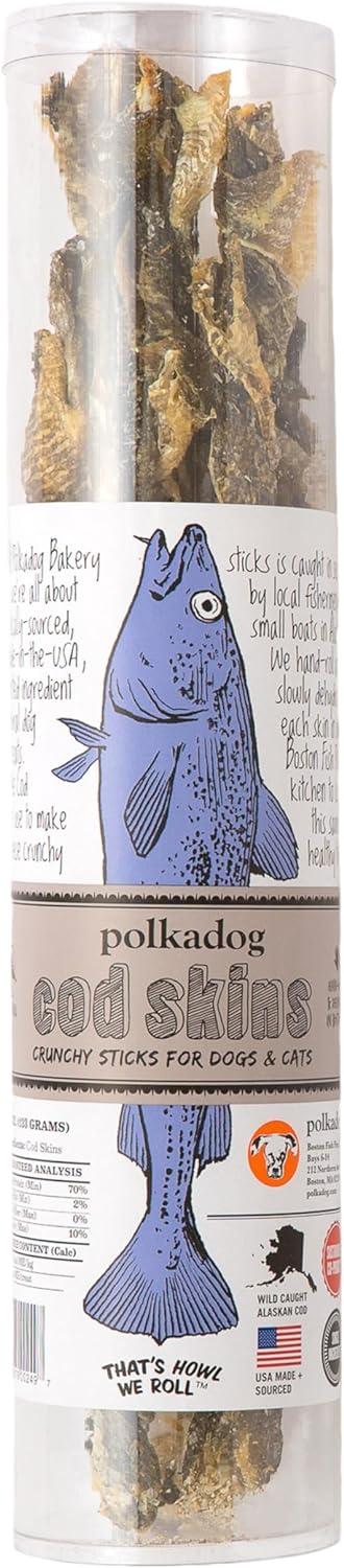Polkadog Cod Skins Dog Treat - Lean Protein, Made in USA, Single-Ingredient, Grain & Gluten Free, for All Breeds - Crunchy Fish Skin Treat for Teeth Health, 4.7oz Regular