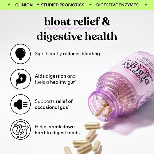 Lemme Debloat 3-in-1 Prebiotic, Probiotic & Digestive Enzymes for Bloating and Gas Relief - 2 Clinically Studied Probiotics w/ 5 Digestive Enzymes to Improve Digestion for Women & Men, Vegan, 60 ct